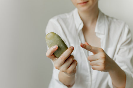 Girl holds a bar of soap in hand on a white backgroundの写真素材
