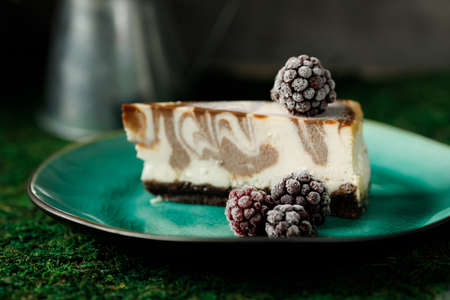 Cheesecake with chocolate flavor is on a plate with blackberries.の写真素材