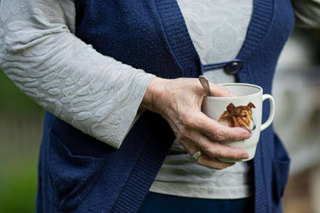 An elderly woman holds a cup with a picture of a collie dogの写真素材