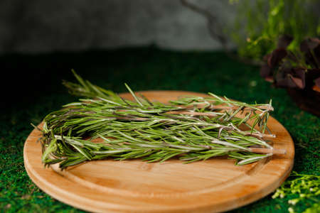 Fresh green rosemary lies on a wooden board on a dark backgroundの写真素材
