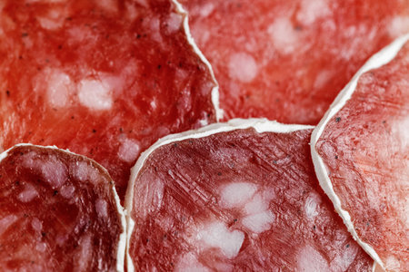 Macro photo of a sausage with fat in a natural casing. Junk foodの写真素材