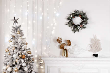 Cozy Christmas home interior. New year decoration. Blur, boke background. High quality photoの写真素材