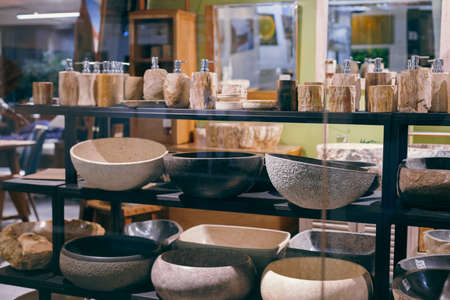 Moscow, 2021. Showcase of a furniture and decor store for a bathroom, stone sinks, a shopping center. High quality photoの写真素材