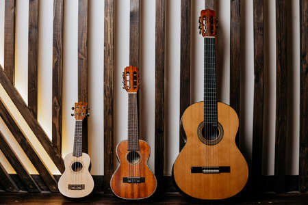 Musical instruments: three guitars of different sizes on a wooden background. High quality photoの写真素材