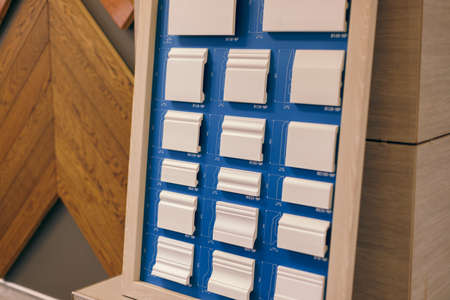 Stucco shop, exhibition samples of stucco molding, plinths and cornices. High quality photoの写真素材