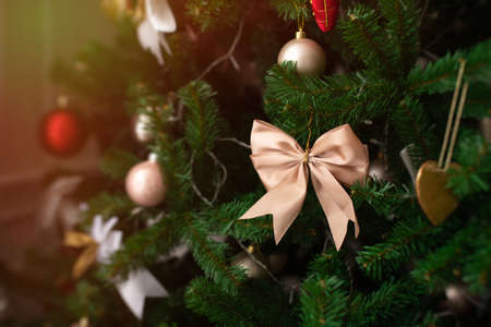 Green Christmas tree with decorationsの写真素材