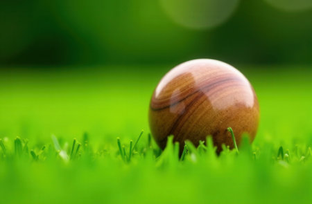 Aesthetic wooden ball for a crockete, lying on a perfectly trimmed lawn, macro shooting . High quality photoの素材