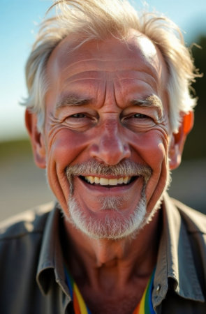 Portrait of an elderly man with a bright smile in the sunlight. High quality photoの素材