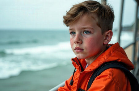 Boy on a trip to the seashore in a windbreaker looks at the sea, hiking on the coast. High quality photoの素材