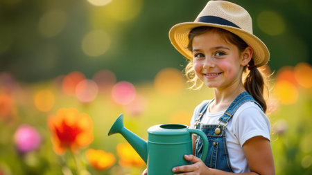 Cute girl in hat standing with watering can in hands, watering garden, schoolboy's vacation in nature. High quality photoの素材