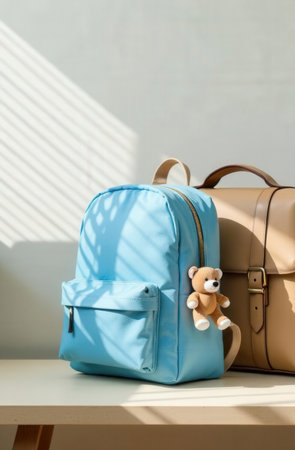 Children's backpack and leather briefcase, getting ready for school and work, light background,...