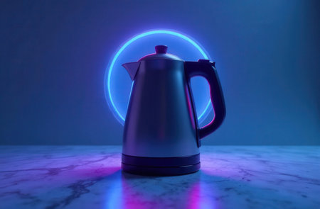 Electro-kettle with a spaceship-shaped backlight, stands on a marble surface, around-nothing, minimalism, Sci-Fi palette: blue and purpleの素材