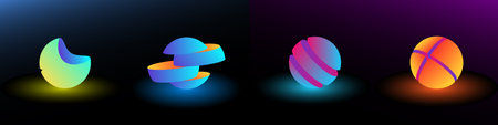 The spheres on a black background emit soft blue and orange light. neon glow.のイラスト素材