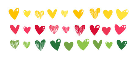 Cute hand drawn hearts collection. color hearts. Ready-made heart shape design elements for congratulations cards, banners, newsletters. Can be used for pattern making and printのイラスト素材