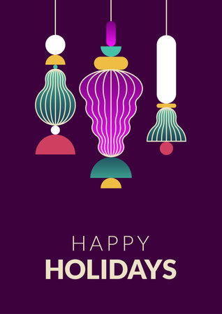 Happy Holidays. New Year and Christmas poster. New Year card. Christmas decorations of an unusual shape, geometric design. Gold, purple and spruce colors. abstract composition. vertical orientation.のイラスト素材