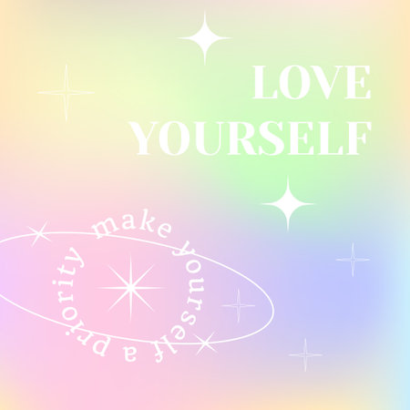 Post selflove and selfcare template gradient with geometric elements, stars, ellipses and circles. Holographic colors. Gradient mesh, vector. Text by circle. Love yourself quotesのイラスト素材