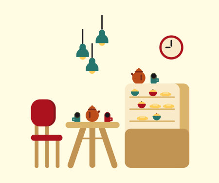 Nice flat illustration of cafe with cups of coffee. Cozy interior with sitting place and lamps. There are tasty cupcakes and croissants.のイラスト素材