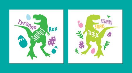 T-Rex image set. Dinosaur silhouette isolated on white background. Tyronosaurus rex. A beautiful combination of green and purple. Print for children's clothingのイラスト素材