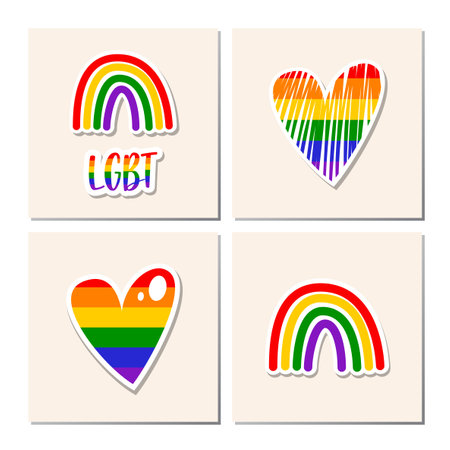 Set of LGBT Pride elements. human rights and tolerance. LGBT sticker set on gray background with light shadow. LGBTQ+ related symbols in rainbow colorsのイラスト素材
