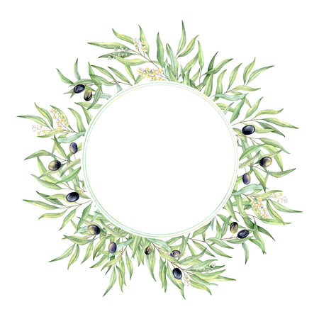 Watercolor greenery olive wreath, geometric frame, wedding invitation, logo designの写真素材