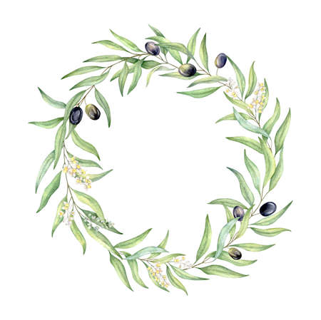 Watercolor greenery olive wreath, wedding invitation, logo designの写真素材