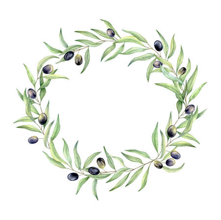 Watercolor greenery olive wreath, wedding invitation, logo designの写真素材