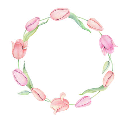 Watercolor pink tulip wreath. Spring floral frame isolated on white background.の写真素材