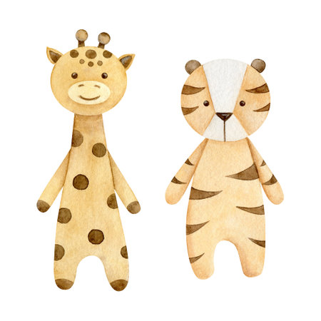 Watercolor illustration eco baby toys. Nursery decor, giraffe and tiger. Hand drawn isolated on white background. Perfect for card, invitation, baby shower, tags, printing.の写真素材