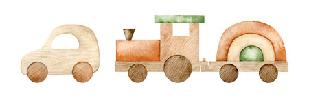 Watercolor illustration eco baby toys. Nursery decor, wood toys - car, train. Hand drawn isolated on white background. Perfect for card, invitation, baby shower, tags, printing.の写真素材