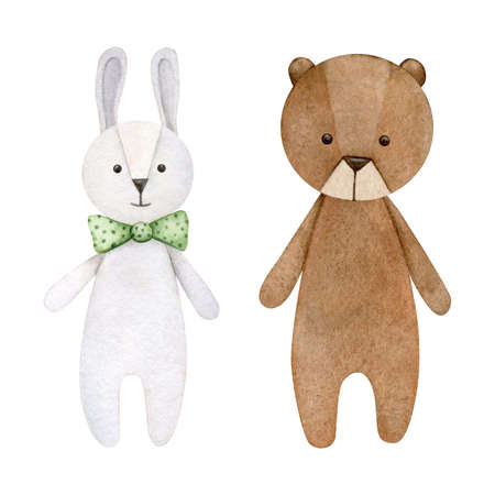 Watercolor illustration eco baby toys. Nursery decor, bunny and bear. Hand drawn isolated on white background. Perfect for card, invitation, baby shower, tags, printing.の写真素材