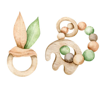 Watercolor illustration eco baby toys. Nursery decor, wood toys. Hand drawn isolated on white background. Perfect for card, invitation, baby shower, tags, printing.の写真素材