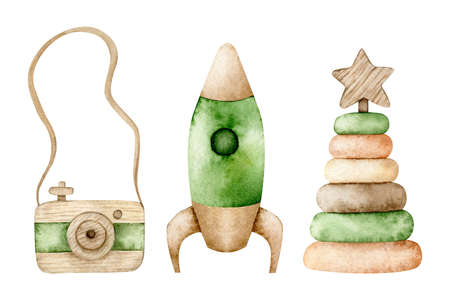 Watercolor illustration eco baby toys. Nursery decor, wood toys - camera, pyramid, rocket. Hand drawn isolated on white background. Perfect for card, invitation, baby shower, tags, printing.の写真素材