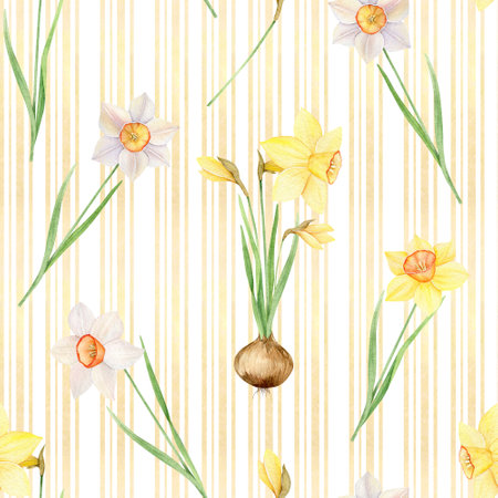 Watercolor seamless pattern of yellow and white daffodils. Hand painted illustration with spring flowers isolated on white background for fabric, wrapping paperの写真素材