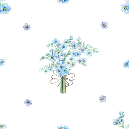 Watercolor seamless pattern of blue forget-me-nots. Hand painted illustration with summer flowers isolated on white backgroundの写真素材