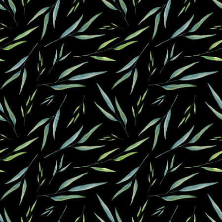 Field grass seamless pattern. Hand drawn watercolor greenery illustration for fabric, wrapping paper on black backgroundの写真素材