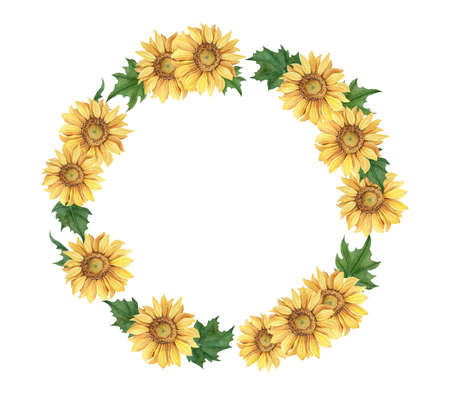 watercolor sunflowers wreath. Fall floral frame. Hand drawn watercolor autumn illustration. decorative design elements.の写真素材