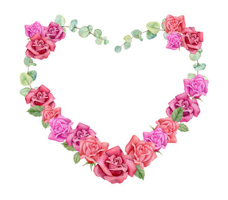 Watercolor rose and eucalyptus wreath. Greenery floral heart frame. Hand drawn watercolor Valentine's Day illustration. decorative design elements.の写真素材