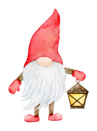 Adorable Christmas Gnome, scandinavian elf with lantern, watercolor illustration on an isolated white backgroundの写真素材