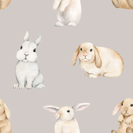 Cute Bunny seamless pattern. Hand drawn watercolor animals illustration for fabric, Rabbits wrapping paper on beige backgroundの写真素材