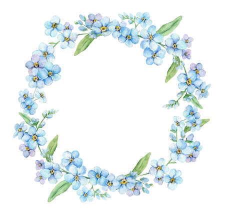 Watercolor Forget-Me-Nots wreath. Greenery floral frame. Hand drawn watercolor illustration. decorative design elements.の写真素材