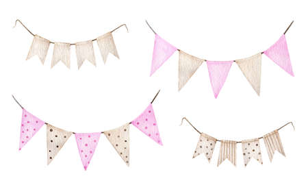 Watercolor pink and beige garland. Flags illustration isolated on white background. decorative design elementの写真素材