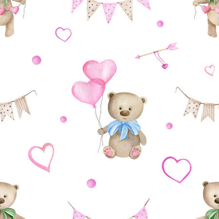Cute Teddy bear seamless pattern. Watercolor toy with heart and garland. Hand drawn illustration for fabric, wrapping paper on white backgroundの写真素材