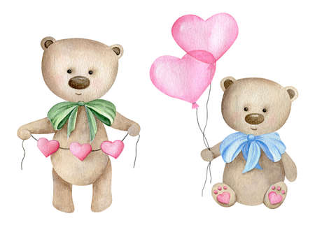 Cute Teddy Bear with hearts and ballons, Valentine's Day illustration perfect for greeting card, baby shower, Weddingの写真素材