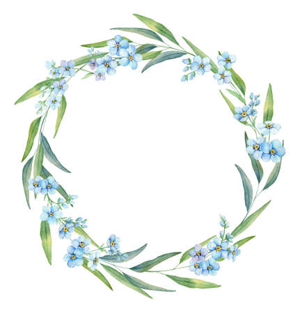 Watercolor Forget-Me-Nots wreath. Greenery floral frame. Hand drawn watercolor illustration. decorative design elements.の写真素材