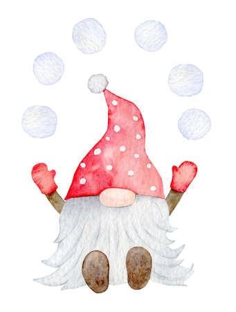 Adorable Christmas Gnome, scandinavian elf with snowballs, watercolor illustration on an isolated white backgroundの写真素材