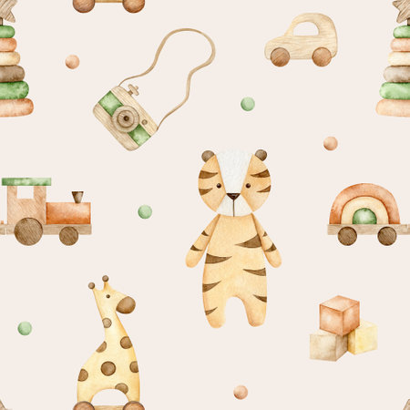Watercolor eco toys seamless pattern. Hand drawn illustration with train, tiger, giraffe for fabric, wrapping paper on beige backgroundの写真素材