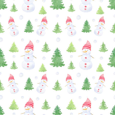 Watercolor Christmas snowman and pine tree Seamless Pattern, wrapping paper on white background