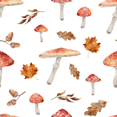 Watercolor fly agaric and fall leaves seamless pattern. Hand drawn autumn illustration for fabric, wrapping paper on white backgroundの写真素材