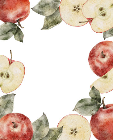 Watercolor Red Apples wreath. Hand drawn illustration isolated on white background. Frame Perfect for card, invitation, tags, printingの写真素材