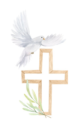 Watercolor christian illustration Jesus Christ is risen, wooden cross, olive, dove. For Easter church publications, prints. First communion, Catholic, Orthodox, Baptism, Protestant Easter cardの写真素材